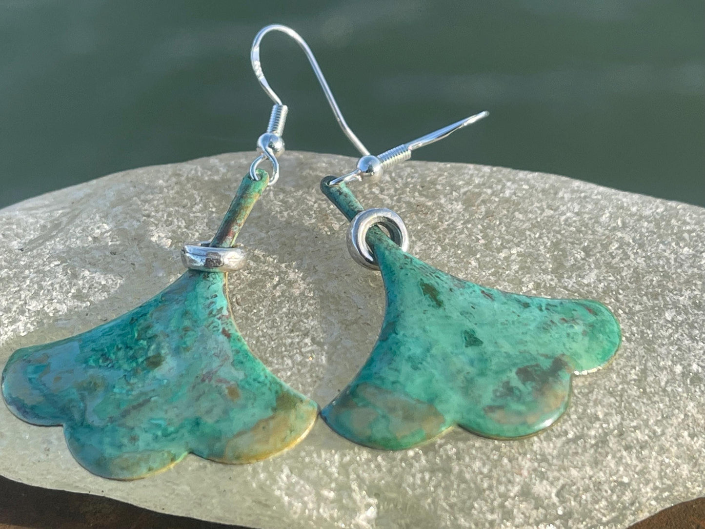 Handmade leaf earrings. Rustic earrings, unusual earrings, unusual gift for her, blue earrings, boho earrings, large statement earrings.