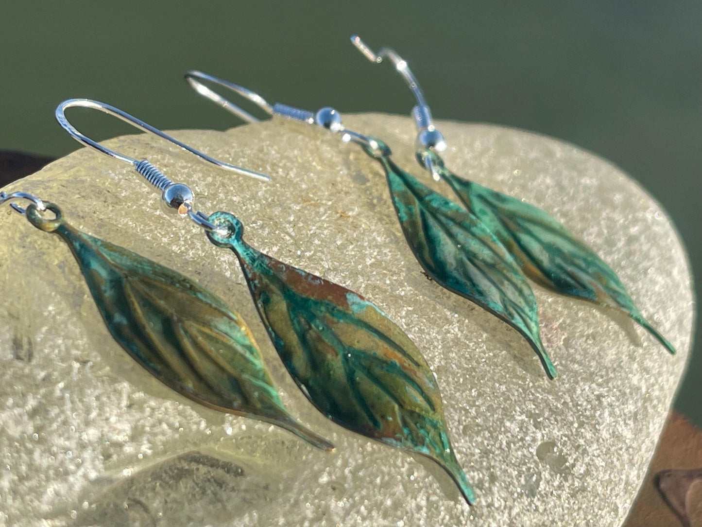 Handmade leaf earrings. Rustic earrings, unusual earrings, unusual gift for her, blue earrings, boho earrings, heart jewellery, hippy gift