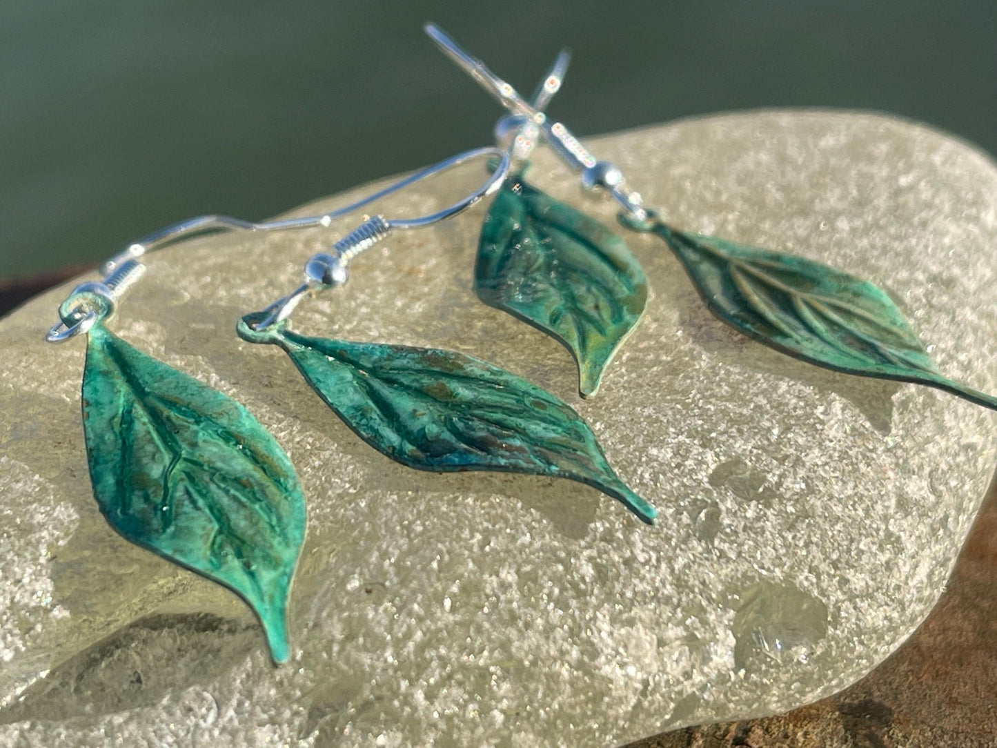 Handmade leaf earrings. Rustic earrings, unusual earrings, unusual gift for her, blue earrings, boho earrings, heart jewellery, hippy gift