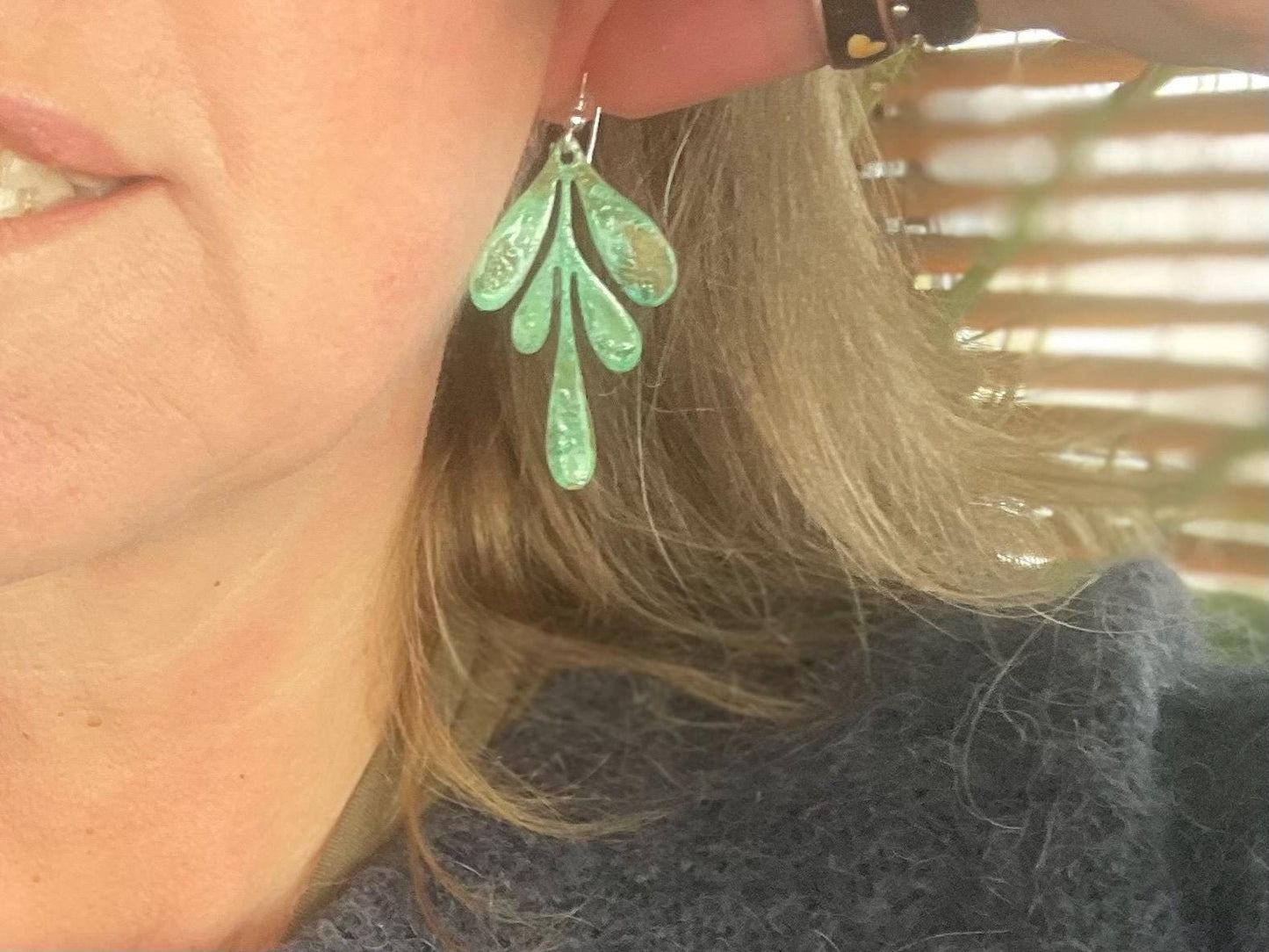 Handmade leaf earrings. Rustic earrings, unusual earrings, unusual gift for her, blue earrings, boho earrings, heart jewellery, hippy gift