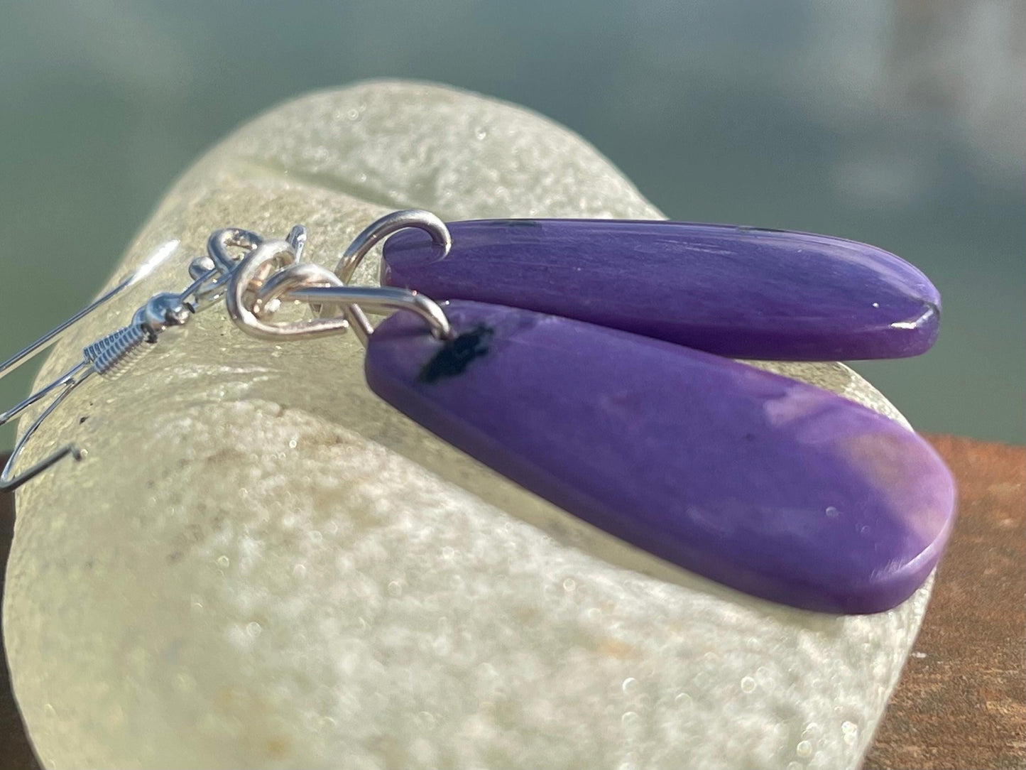 Charoite earrings on recycled sterling silver. Charoite jewellery, gift for her, unusual necklace, purple gemstone, unique jewellery