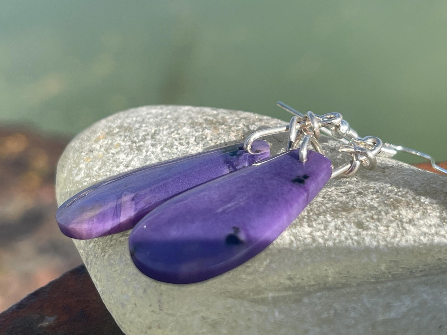 Charoite earrings on recycled sterling silver. Charoite jewellery, gift for her, unusual necklace, purple gemstone, unique jewellery
