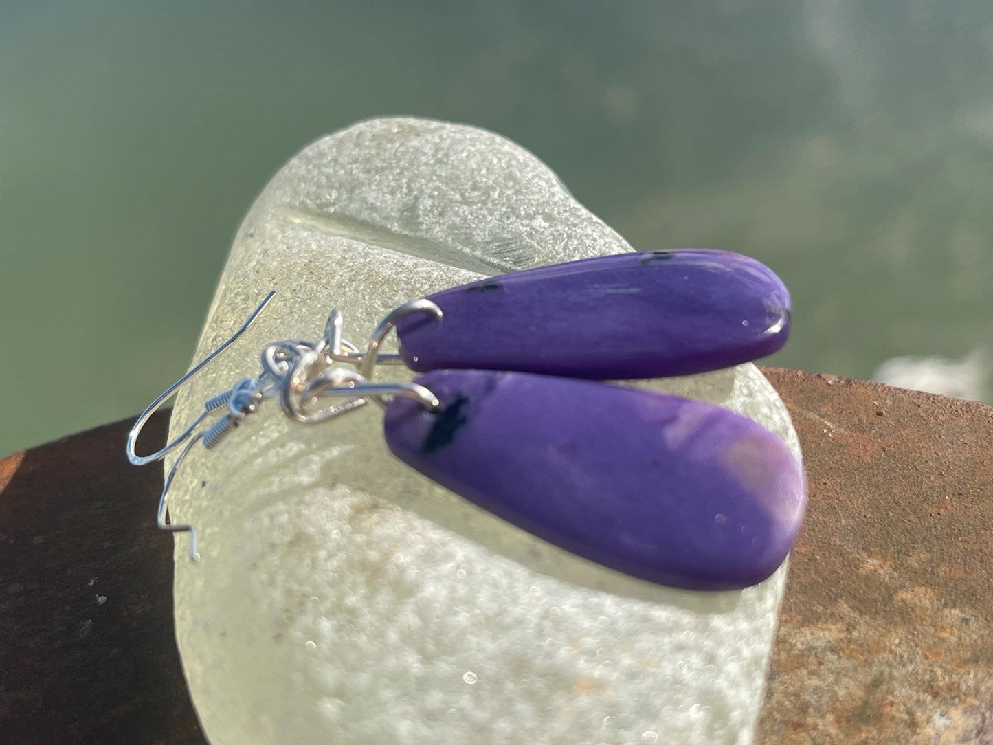 Charoite earrings on recycled sterling silver. Charoite jewellery, gift for her, unusual necklace, purple gemstone, unique jewellery