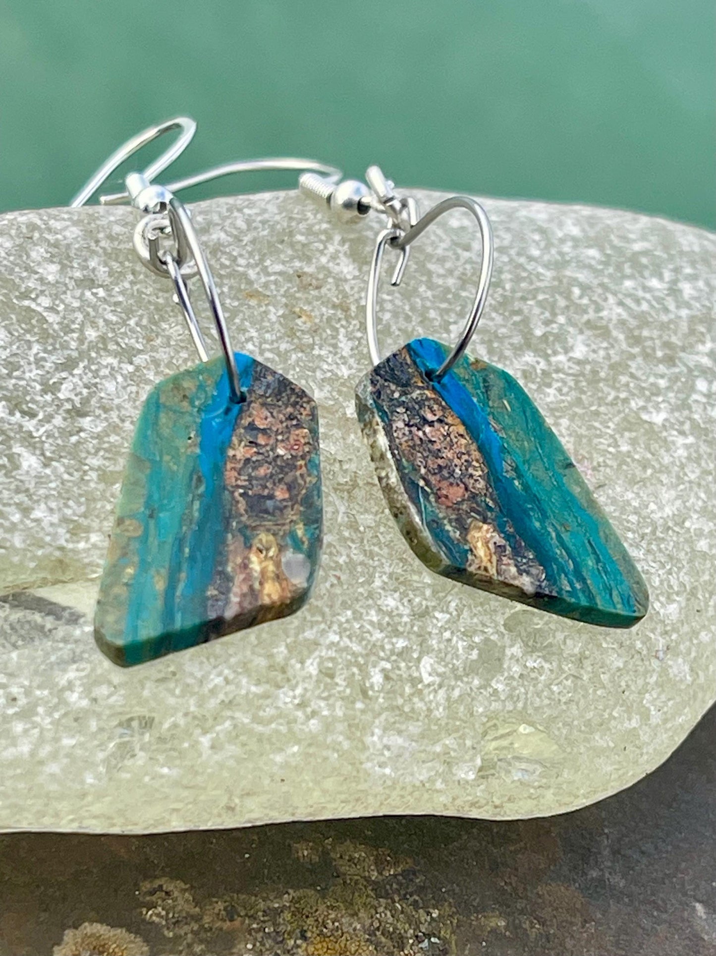 Blue opal nugget earrings on recycled sterling silver. Handmade unusual earrings. Boho earrings. Uniqie jewellery.