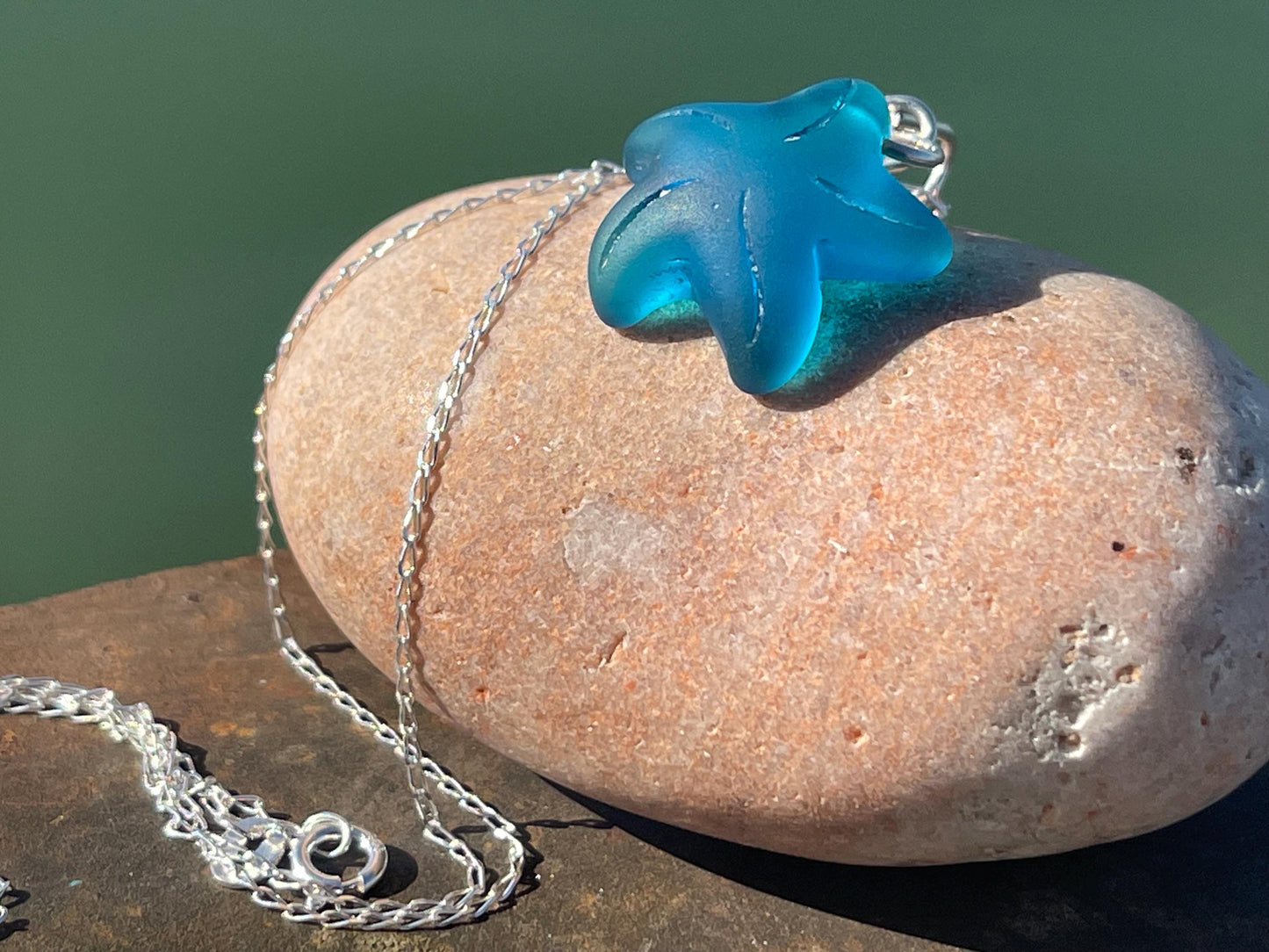 Eco friendly jewellery. Sea glass necklace on a sterling silver chain. Sea glass starfish necklace. Starfish pendant, ethical jewellery.