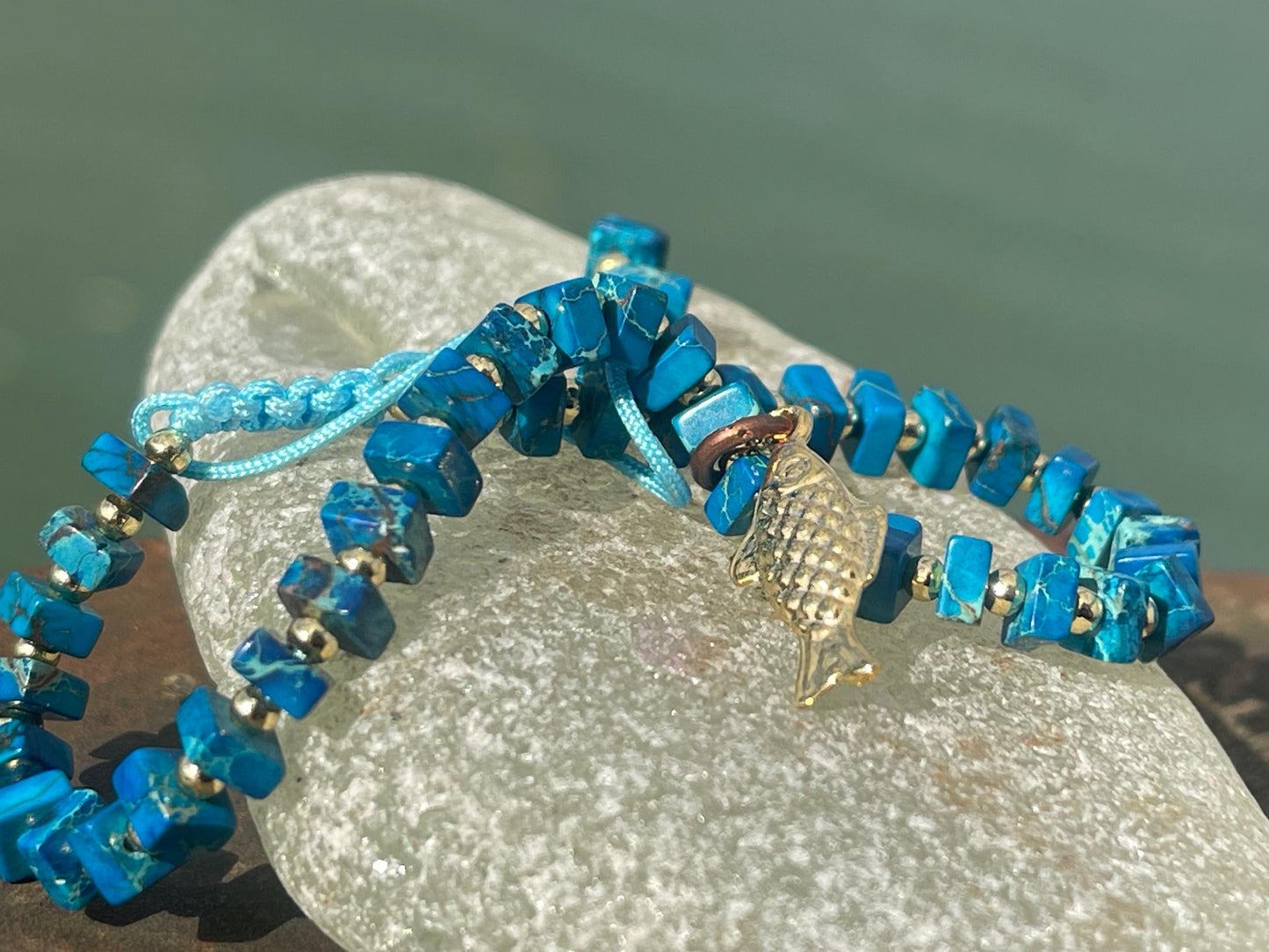 Adjustable gold and blue jasper gemstone bracelet, handmade gift for him or her. Ethical jewellery, handmade unique jewellery.