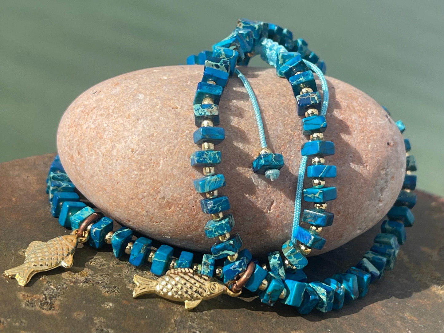 Adjustable gold and blue jasper gemstone bracelet, handmade gift for him or her. Ethical jewellery, handmade unique jewellery.