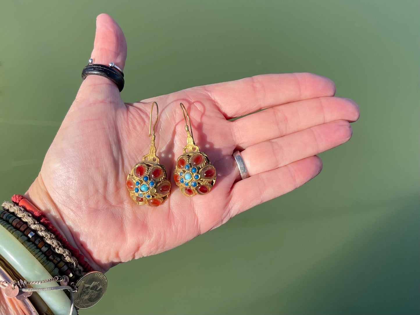 Gypsy jewellery, gold vintage earrings, red jewellery, ethical jewellery, gypsy earrings, romantic gifts, eco friendly jewellery