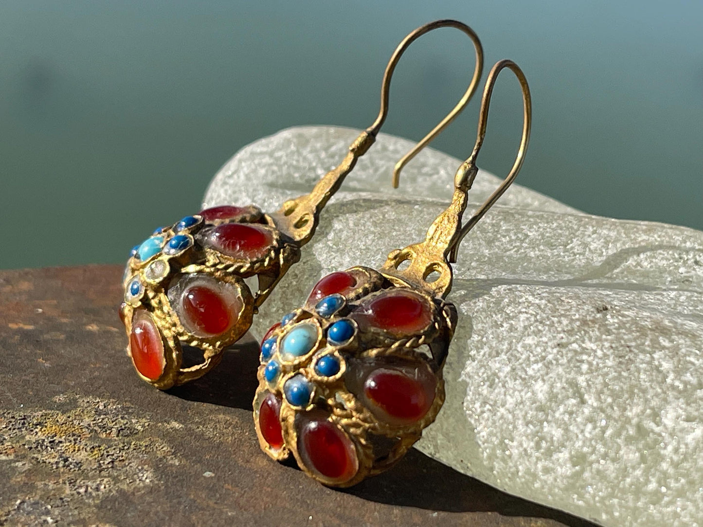 Gypsy jewellery, gold vintage earrings, red jewellery, ethical jewellery, gypsy earrings, romantic gifts, eco friendly jewellery