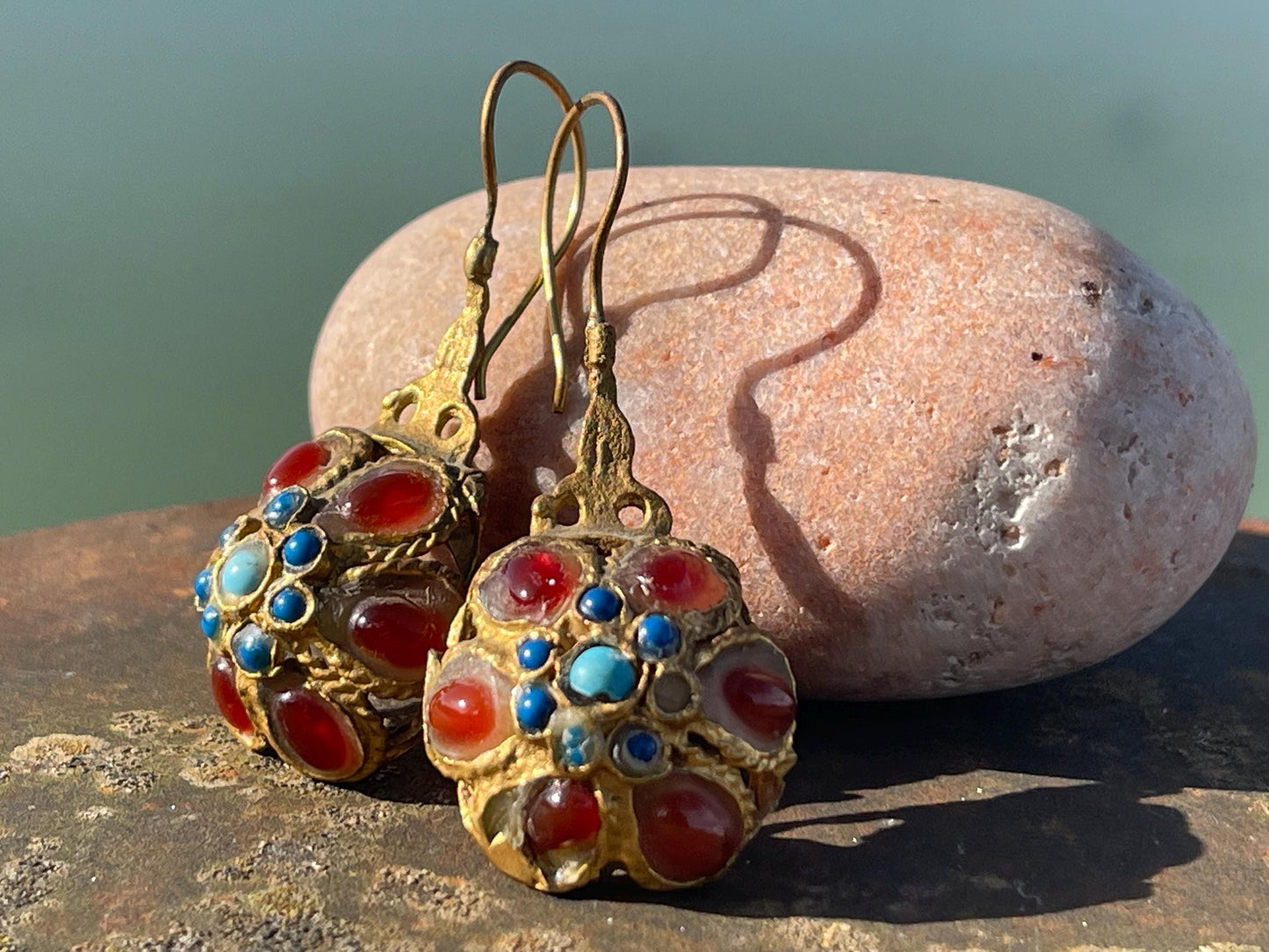 Gypsy jewellery, gold vintage earrings, red jewellery, ethical jewellery, gypsy earrings, romantic gifts, eco friendly jewellery