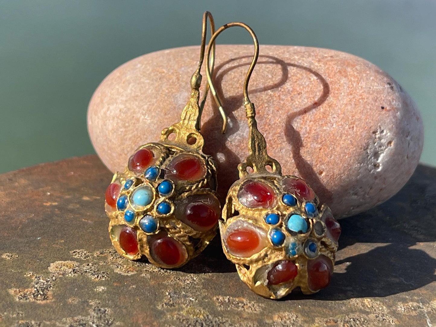 Gypsy jewellery, gold vintage earrings, red jewellery, ethical jewellery, gypsy earrings, romantic gifts, eco friendly jewellery