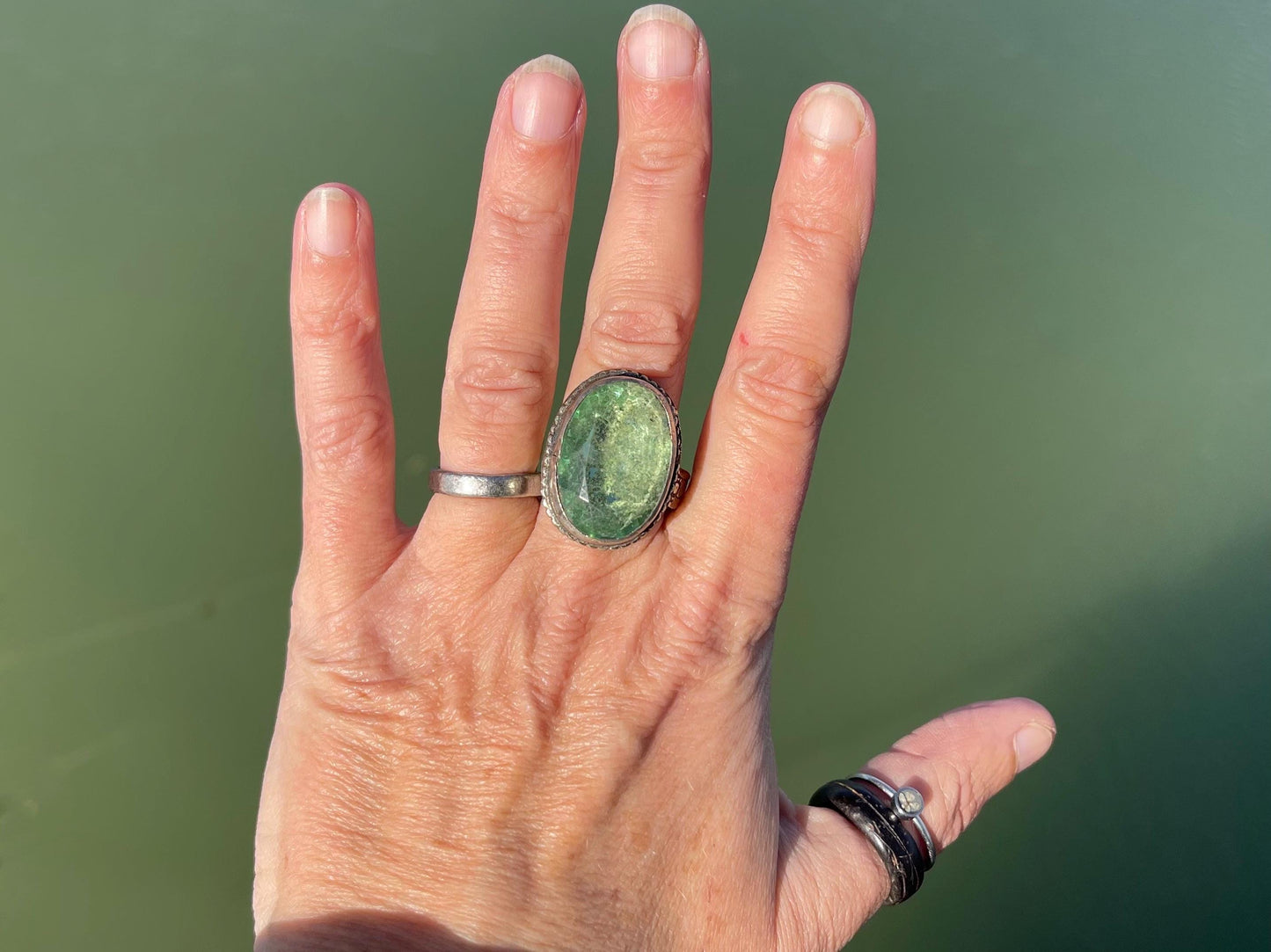 Fabulous vintage ring, large green ring, boho vintage jewellery, ethical jewellery, gypsy ring. Gypsy jewellery, statement jewellery