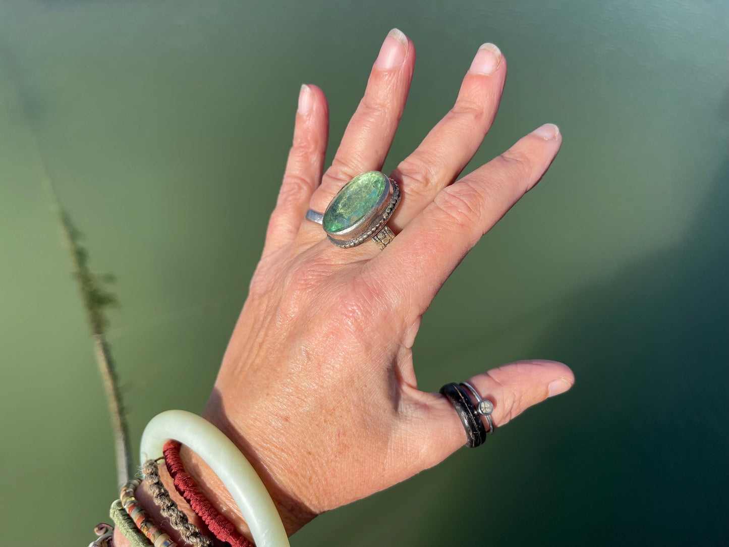 Fabulous vintage ring, large green ring, boho vintage jewellery, ethical jewellery, gypsy ring. Gypsy jewellery, statement jewellery