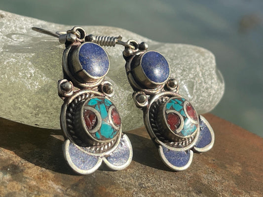 Vintage turquoise & lapis earrings, turquoise jewellery, ethical jewellery, gypsy earrings. Eco friendly jewellery. Ethical jewellery.