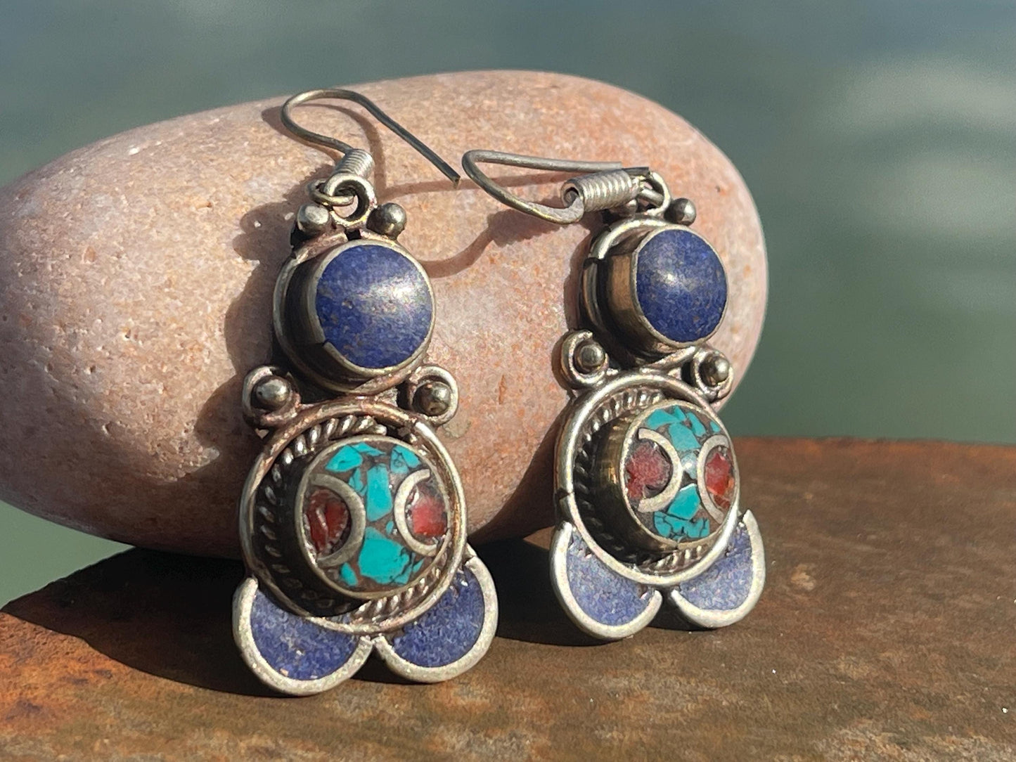 Vintage turquoise & lapis earrings, turquoise jewellery, ethical jewellery, gypsy earrings. Eco friendly jewellery. Ethical jewellery.