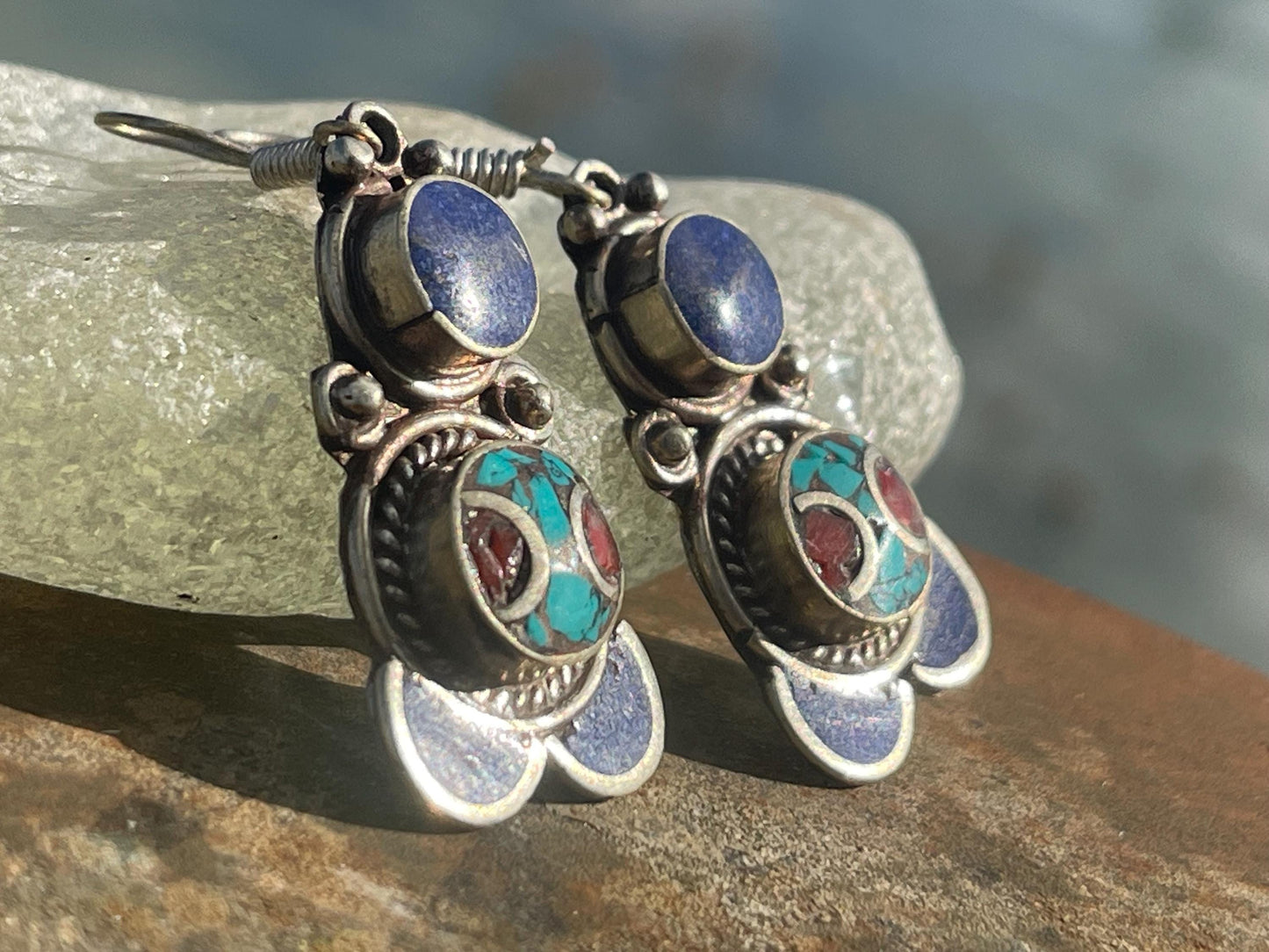 Vintage turquoise & lapis earrings, turquoise jewellery, ethical jewellery, gypsy earrings. Eco friendly jewellery. Ethical jewellery.
