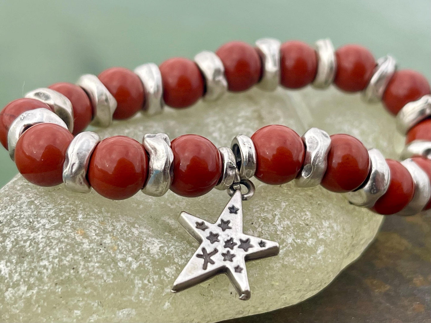Red jasper bracelet, red jewellery, boho bracelet, Hippy bracelet, gift for her, red bracelet, handmade bracelet, Christmas star bracelet