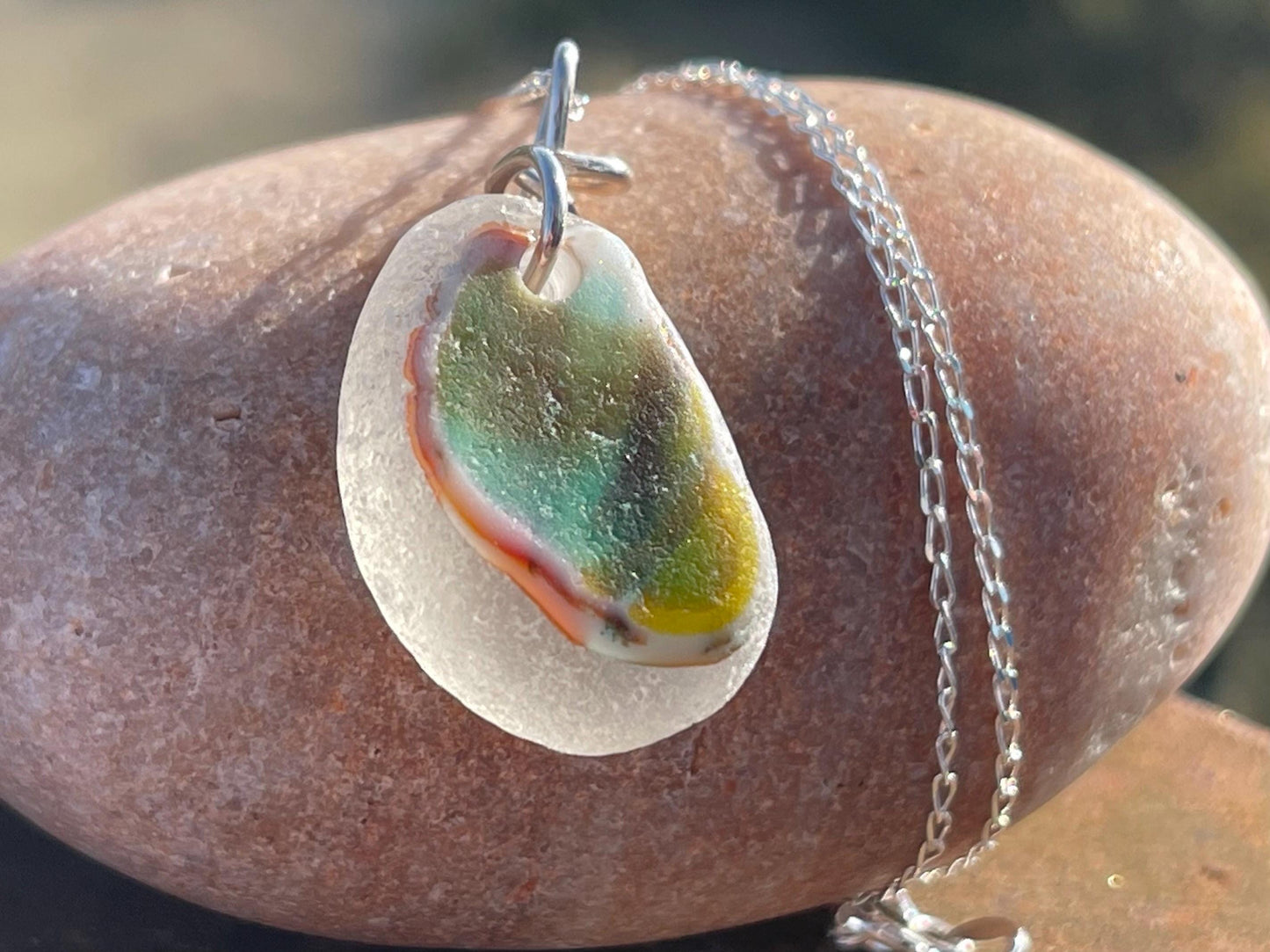 Eco friendly sea glass necklace on a sterling silver chain.  Eco friendly jewellery. Unusual sea glass jewellery. Handmade ethical jewellery