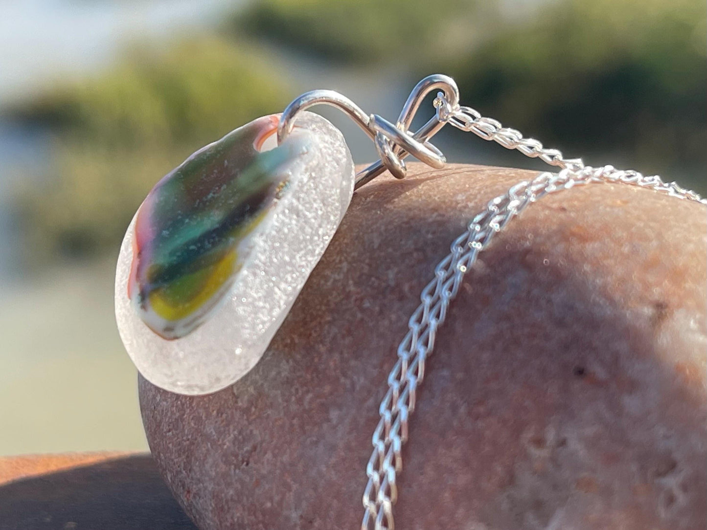 Eco friendly sea glass necklace on a sterling silver chain.  Eco friendly jewellery. Unusual sea glass jewellery. Handmade ethical jewellery