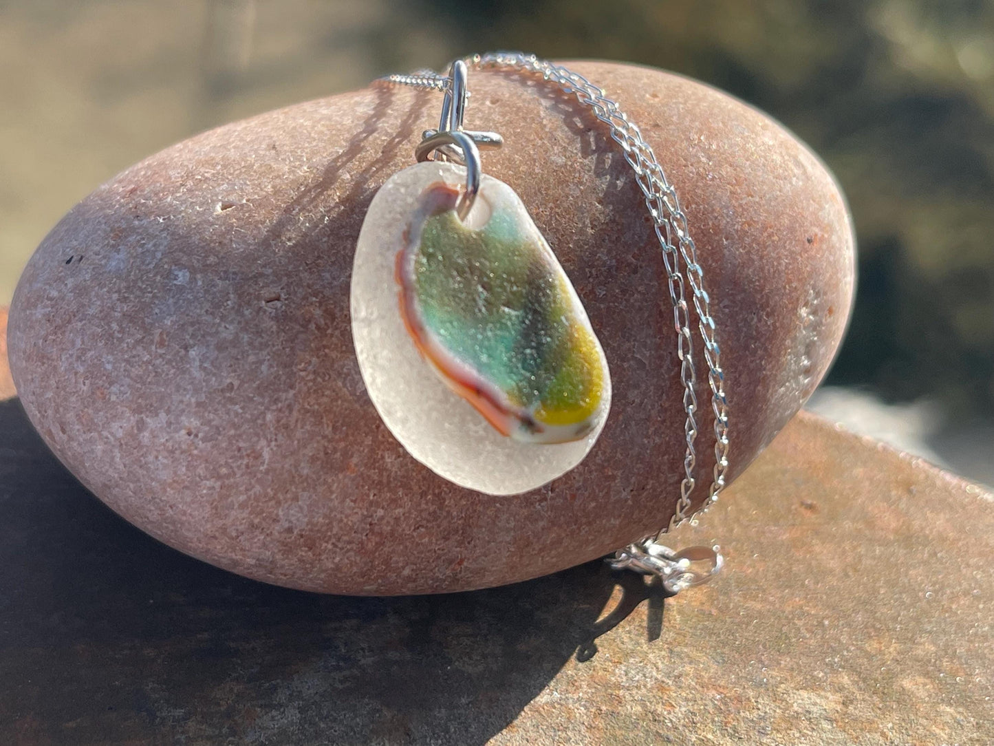 Eco friendly sea glass necklace on a sterling silver chain.  Eco friendly jewellery. Unusual sea glass jewellery. Handmade ethical jewellery