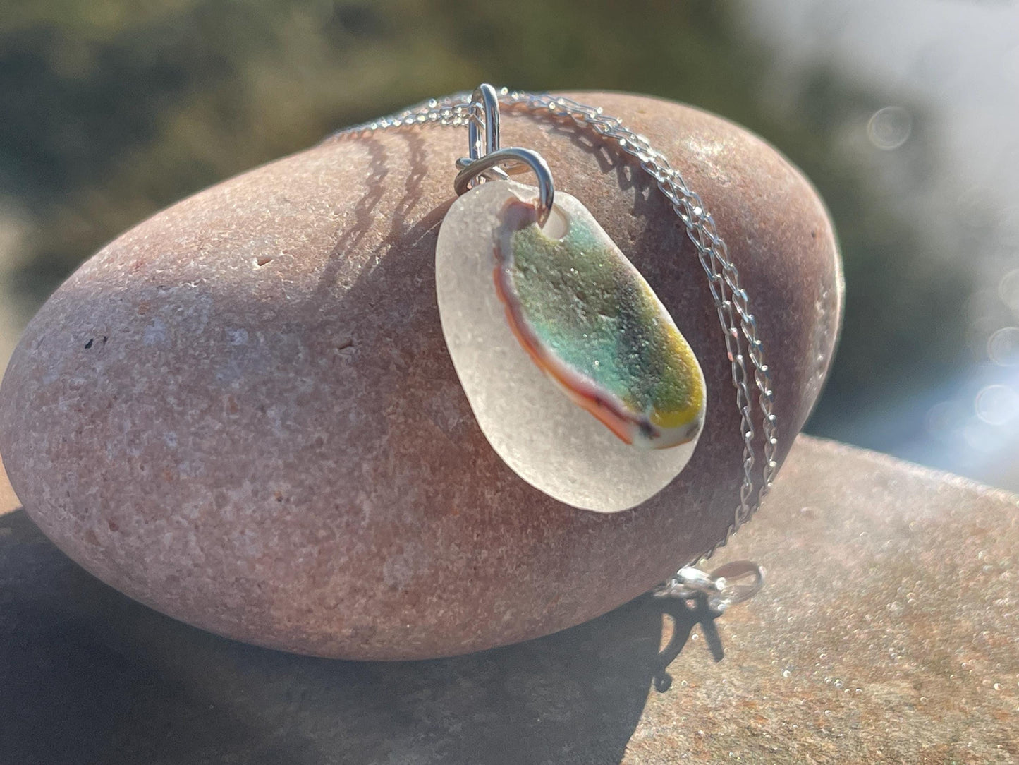 Eco friendly sea glass necklace on a sterling silver chain.  Eco friendly jewellery. Unusual sea glass jewellery. Handmade ethical jewellery