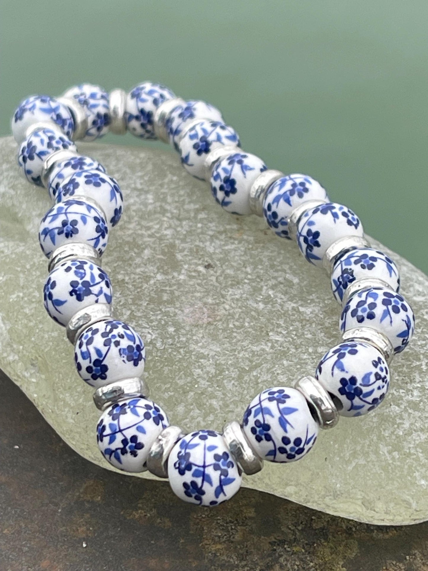 Up-cycled ceramic bracelet. Eco friendly jewellery. Handmade bracelet. Ethical jewellery. Silver, white and blue ceramic bracelet.