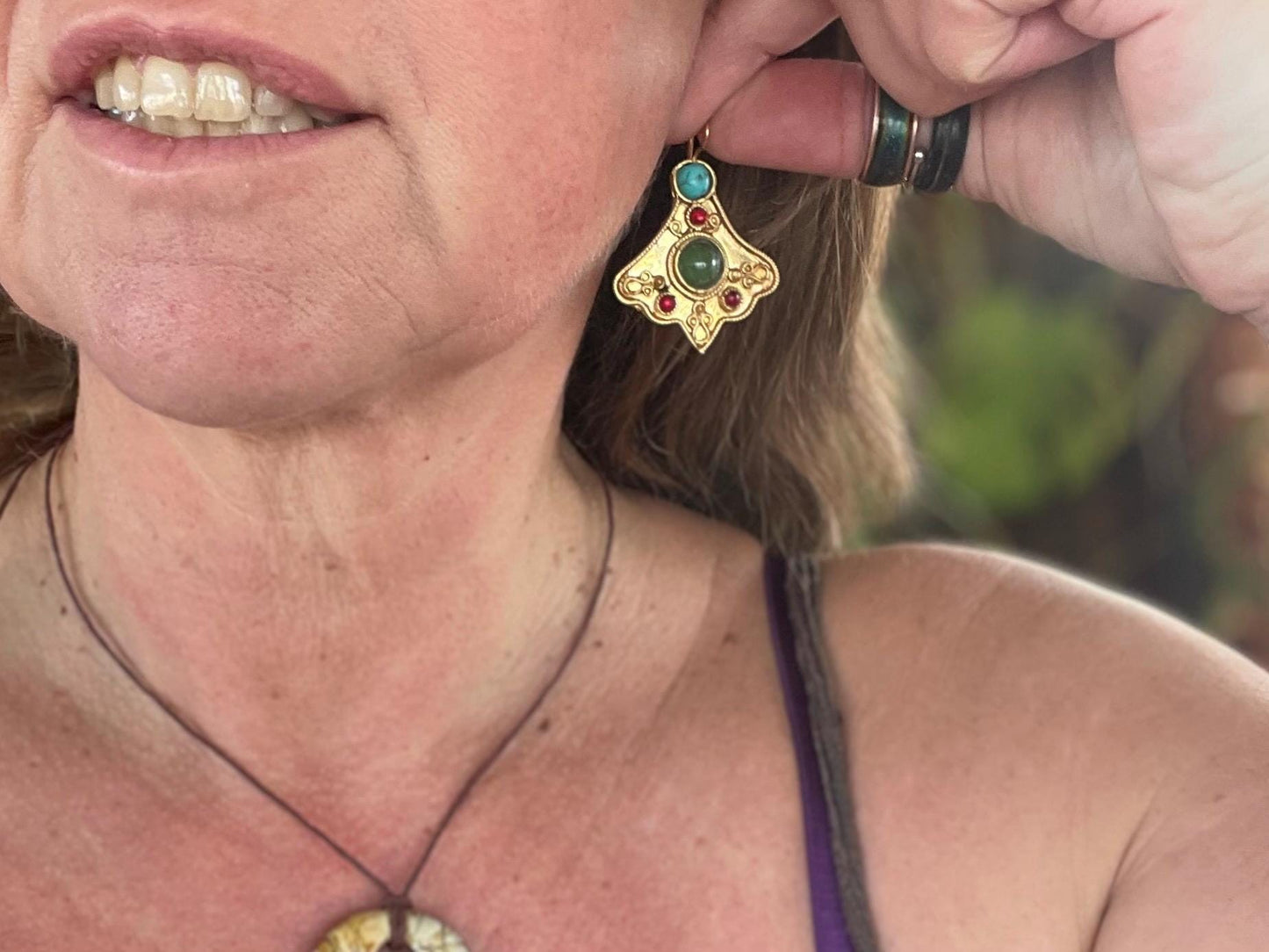 Gypsy jewellery, gold vintage earrings, red jewellery, ethical jewellery, gypsy earrings, romantic gifts, eco friendly jewellery