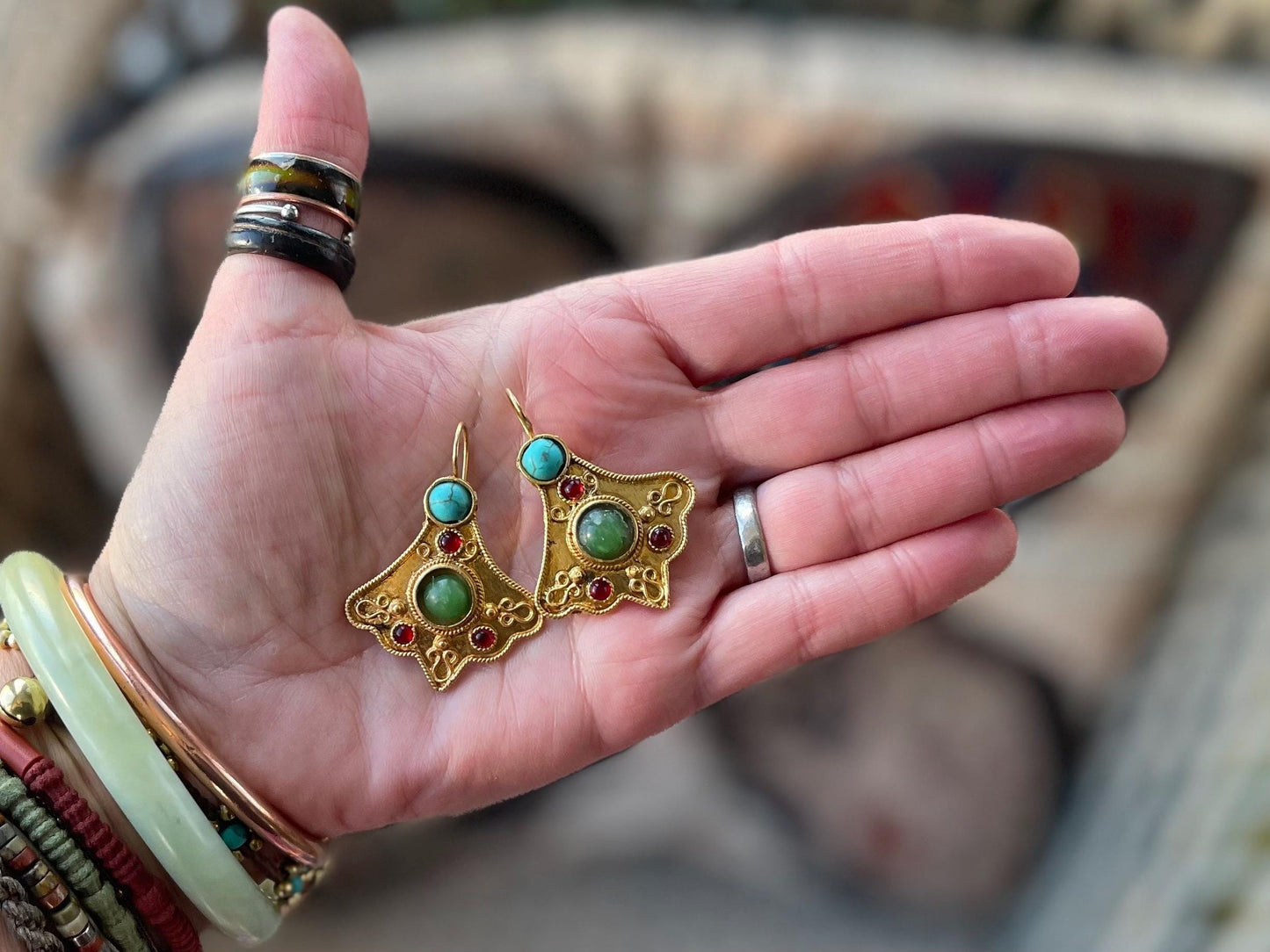 Gypsy jewellery, gold vintage earrings, red jewellery, ethical jewellery, gypsy earrings, romantic gifts, eco friendly jewellery