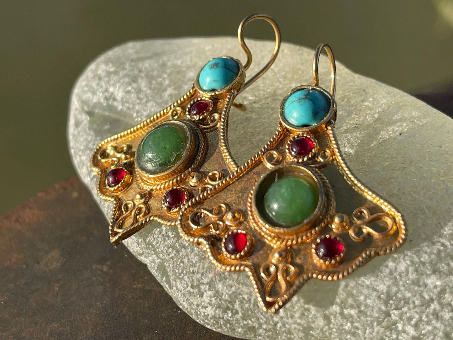 Gypsy jewellery, gold vintage earrings, red jewellery, ethical jewellery, gypsy earrings, romantic gifts, eco friendly jewellery