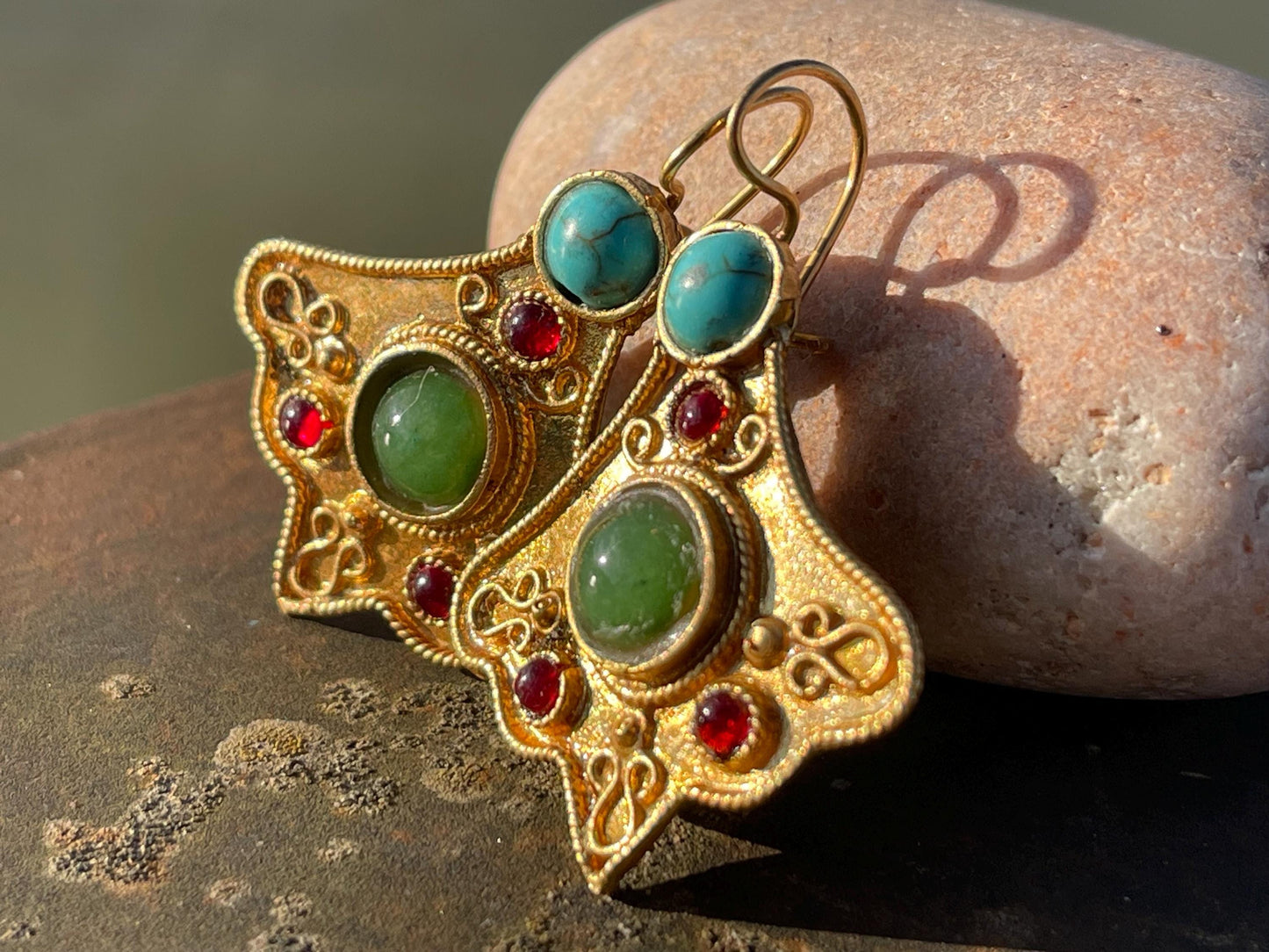 Gypsy jewellery, gold vintage earrings, red jewellery, ethical jewellery, gypsy earrings, romantic gifts, eco friendly jewellery