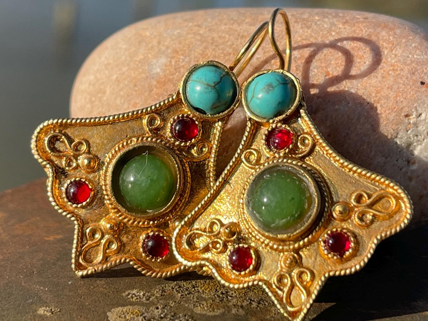 Gypsy jewellery, gold vintage earrings, red jewellery, ethical jewellery, gypsy earrings, romantic gifts, eco friendly jewellery