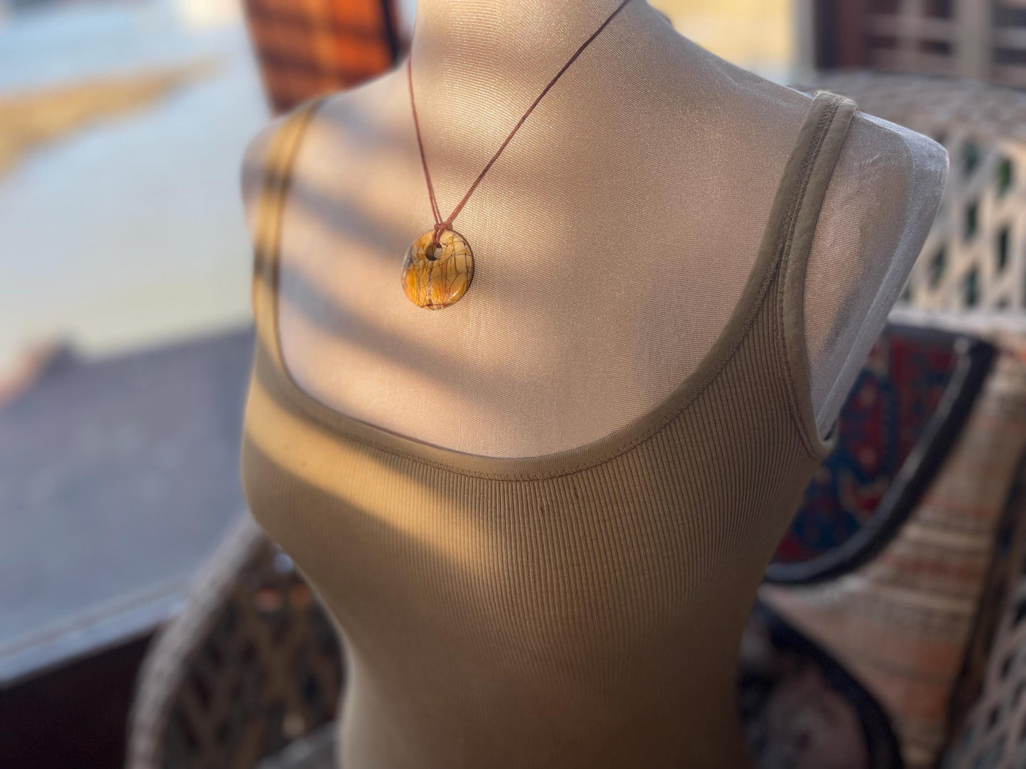 Picasso jasper gemstone necklace. Ethical jewellery, yellow gemstone pendants. Stunning unique jewellery. Unique gifts. Unique necklace.