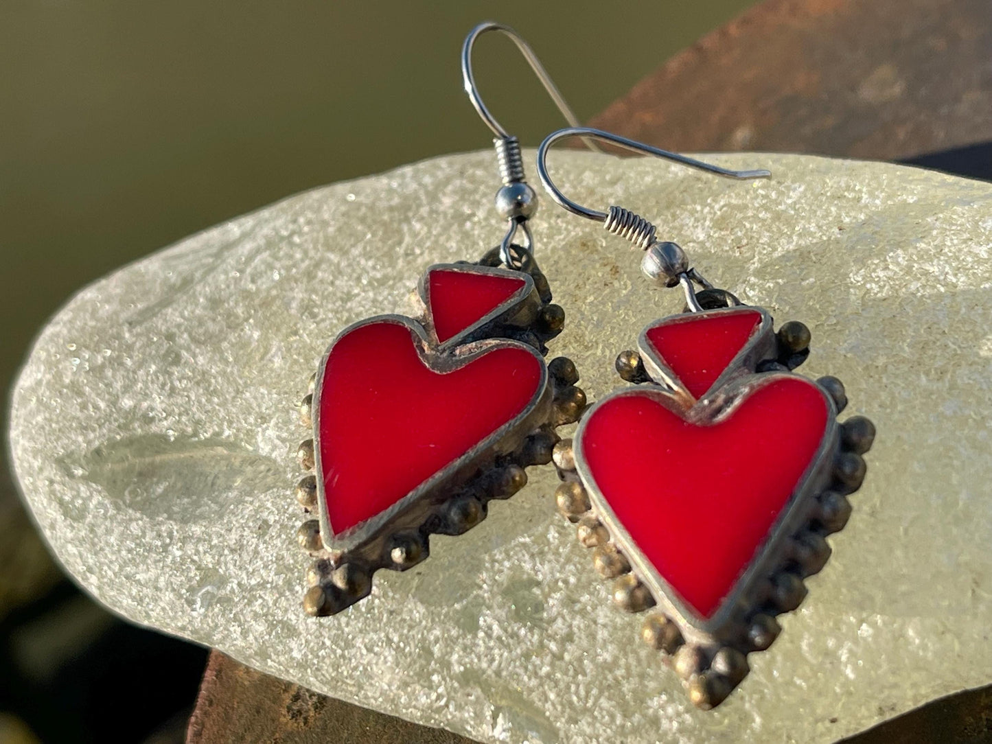 Vintage red heart earrings, heart jewellery, ethical jewellery, gypsy earrings, romantic gifts, eco friendly jewellery. Red hearts.