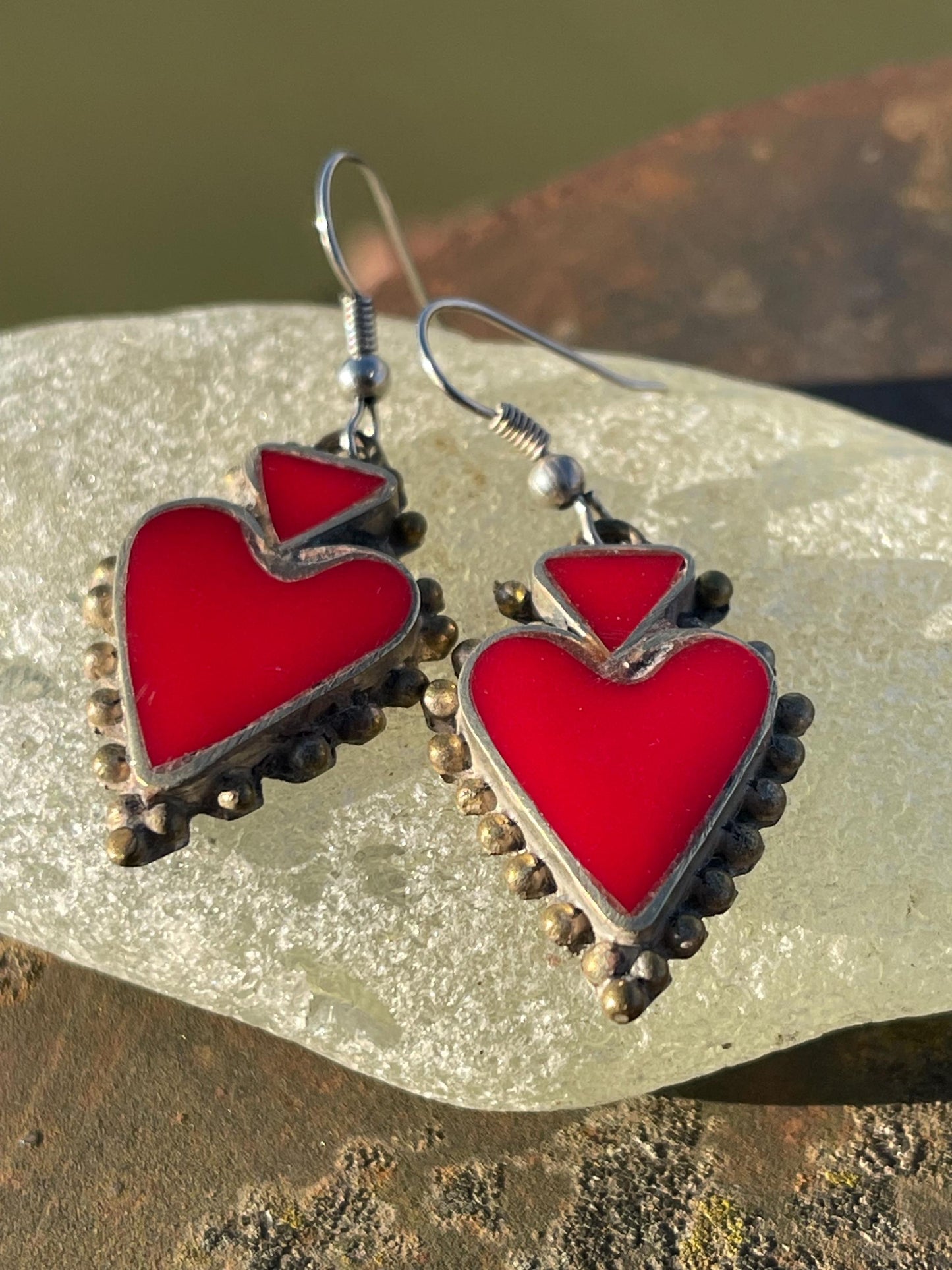 Vintage red heart earrings, heart jewellery, ethical jewellery, gypsy earrings, romantic gifts, eco friendly jewellery. Red hearts.