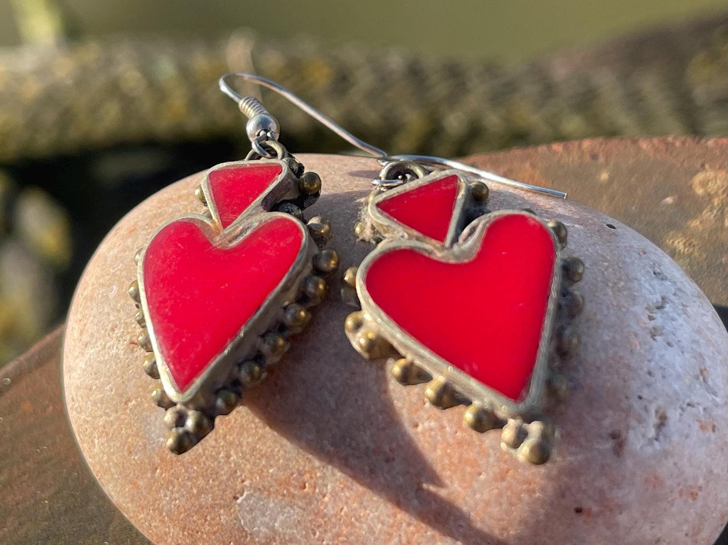Vintage red heart earrings, heart jewellery, ethical jewellery, gypsy earrings, romantic gifts, eco friendly jewellery. Red hearts.