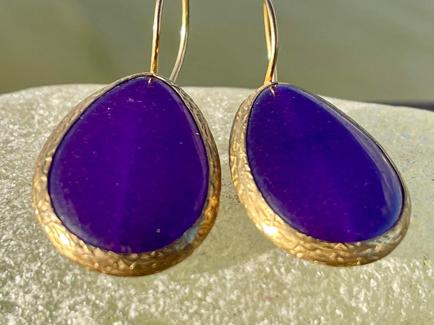 Gypsy jewellery, gold and purple vintage earrings, purple jewellery, ethical jewellery, romantic gifts, eco friendly jewellery.