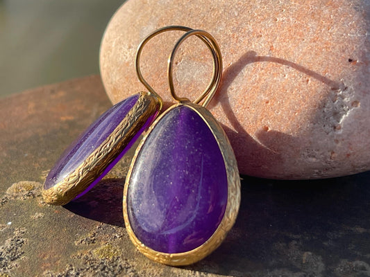 Gypsy jewellery, gold and purple vintage earrings, purple jewellery, ethical jewellery, romantic gifts, eco friendly jewellery.