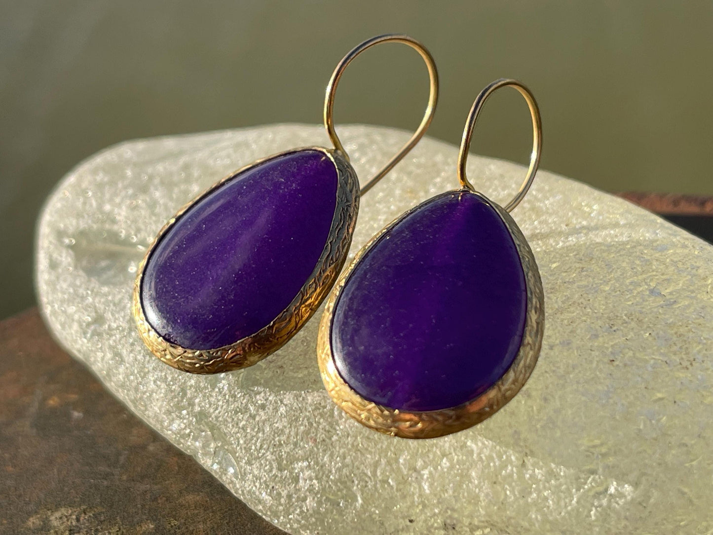 Gypsy jewellery, gold and purple vintage earrings, purple jewellery, ethical jewellery, romantic gifts, eco friendly jewellery.