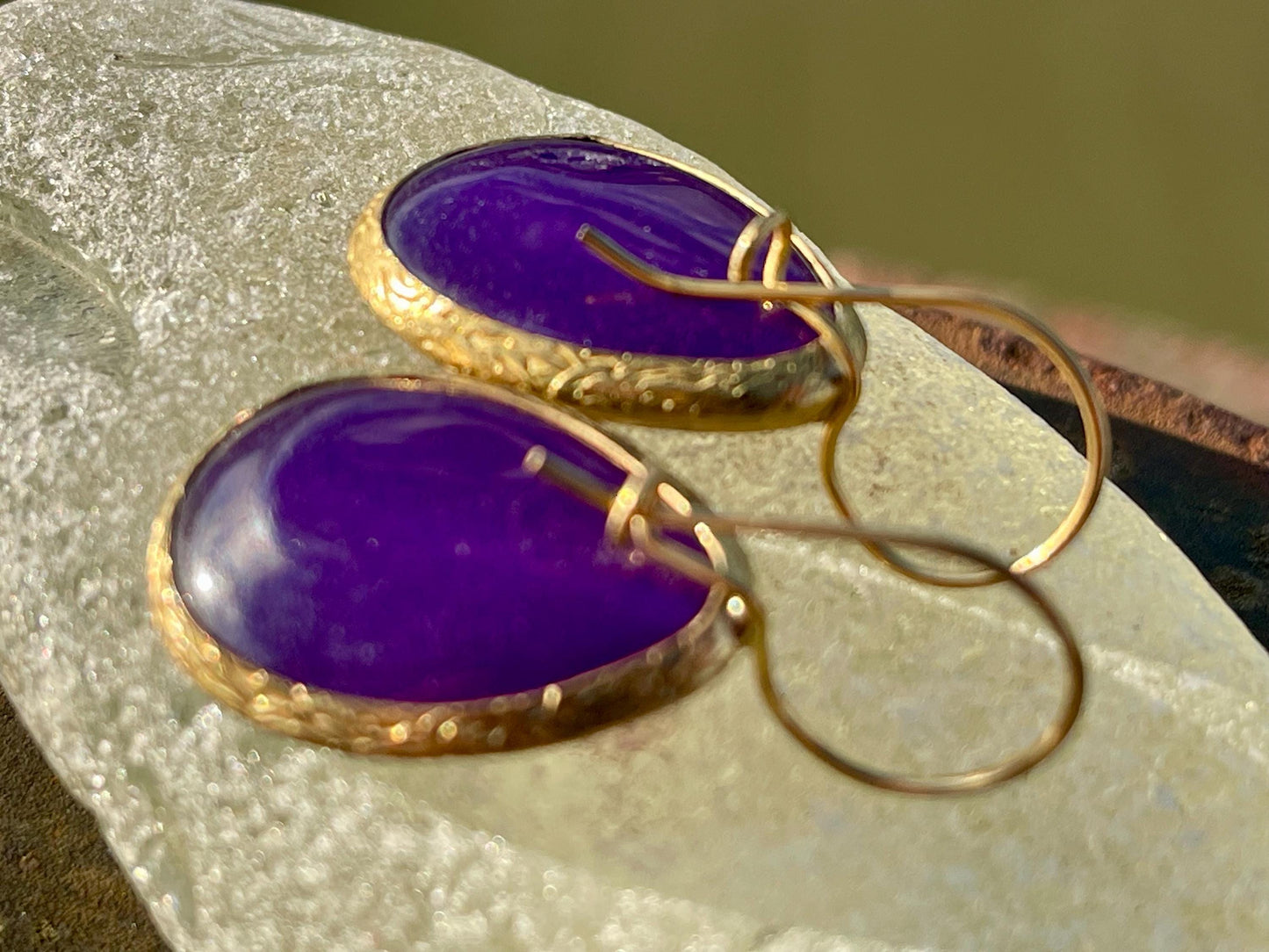 Gypsy jewellery, gold and purple vintage earrings, purple jewellery, ethical jewellery, romantic gifts, eco friendly jewellery.