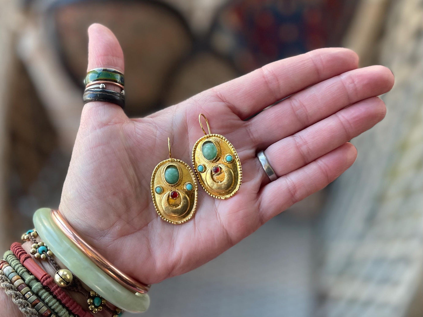 Gypsy jewellery, gold vintage earrings, red jewellery, ethical jewellery, gypsy earrings, romantic gifts, eco friendly jewellery