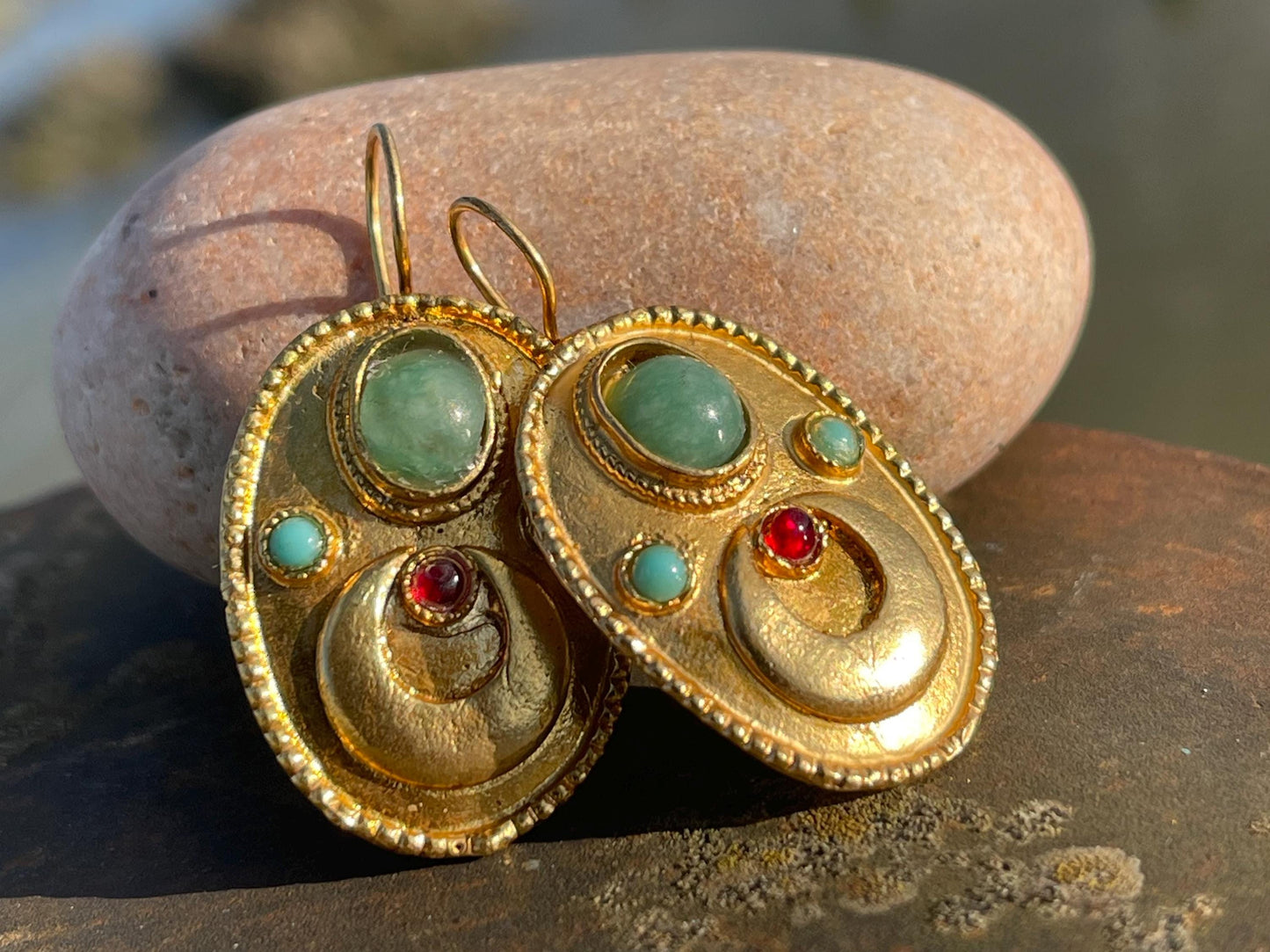 Gypsy jewellery, gold vintage earrings, red jewellery, ethical jewellery, gypsy earrings, romantic gifts, eco friendly jewellery