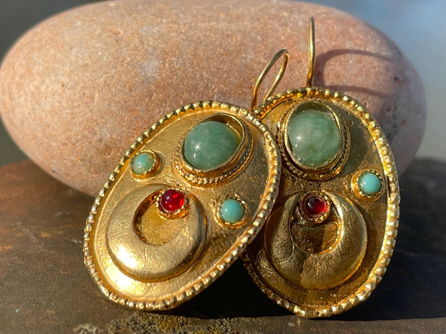 Gypsy jewellery, gold vintage earrings, red jewellery, ethical jewellery, gypsy earrings, romantic gifts, eco friendly jewellery