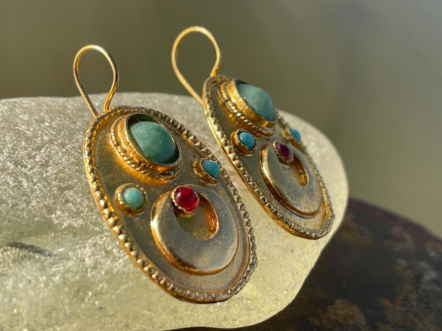 Gypsy jewellery, gold vintage earrings, red jewellery, ethical jewellery, gypsy earrings, romantic gifts, eco friendly jewellery