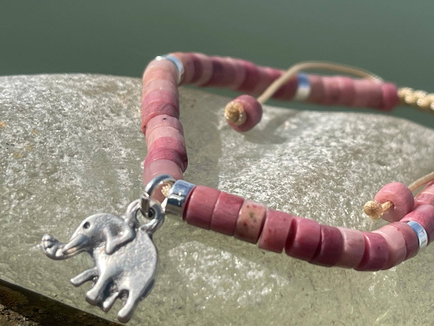 Adjustable rhodonite pink gemstone bracelet, handmade gift for him or her. Ethical jewellery, unique jewellery. Elephant bracelet.