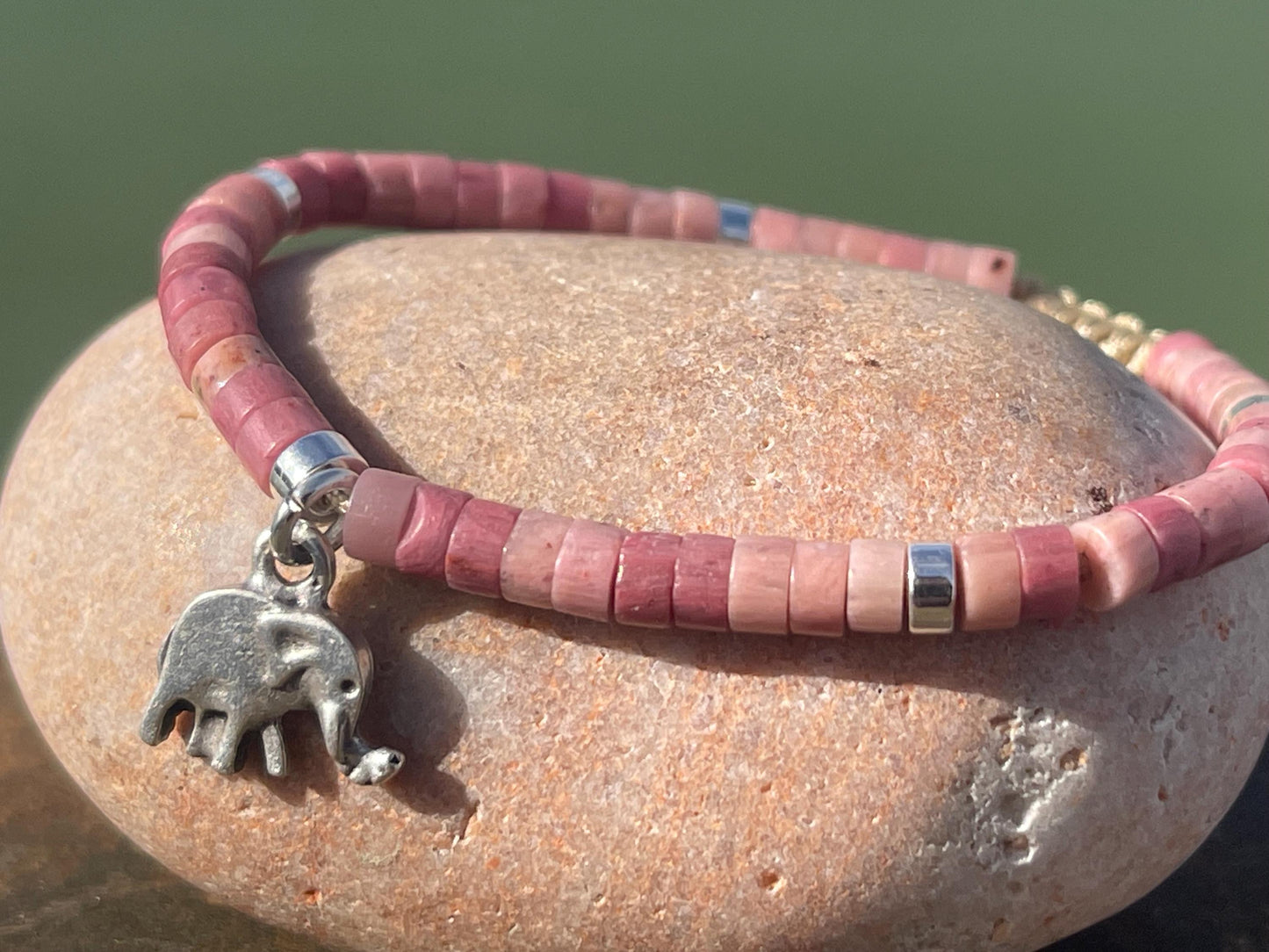 Adjustable rhodonite pink gemstone bracelet, handmade gift for him or her. Ethical jewellery, unique jewellery. Elephant bracelet.