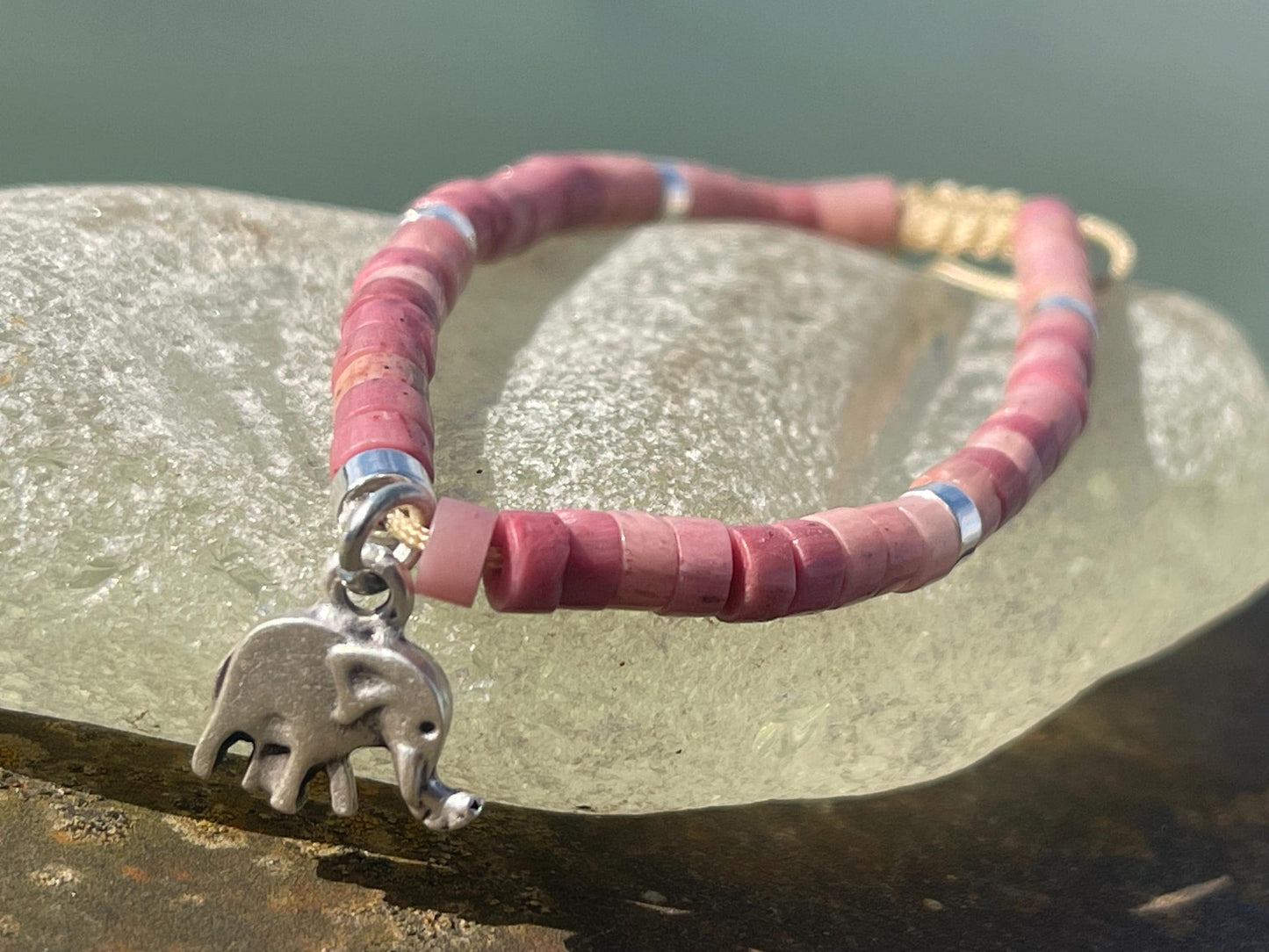 Adjustable rhodonite pink gemstone bracelet, handmade gift for him or her. Ethical jewellery, unique jewellery. Elephant bracelet.