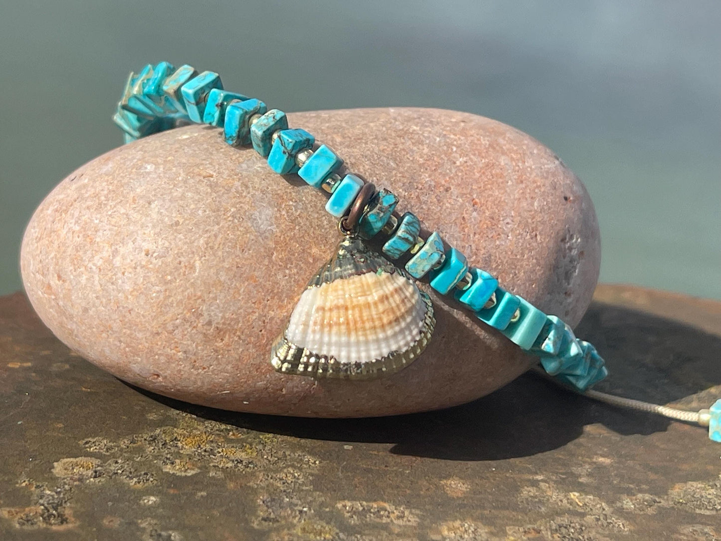 Adjustable blue jasper gemstone bracelet, handmade gift for him or her. Ethical jewellery, handmade unique jewellery. Shell bracelet.