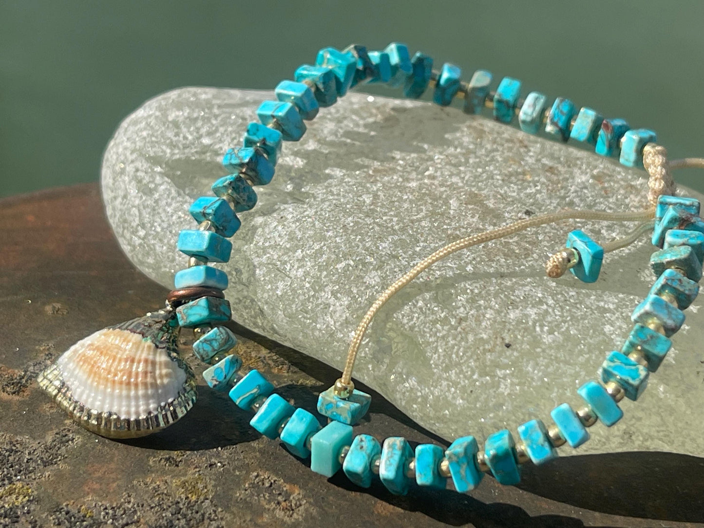 Adjustable blue jasper gemstone bracelet, handmade gift for him or her. Ethical jewellery, handmade unique jewellery. Shell bracelet.