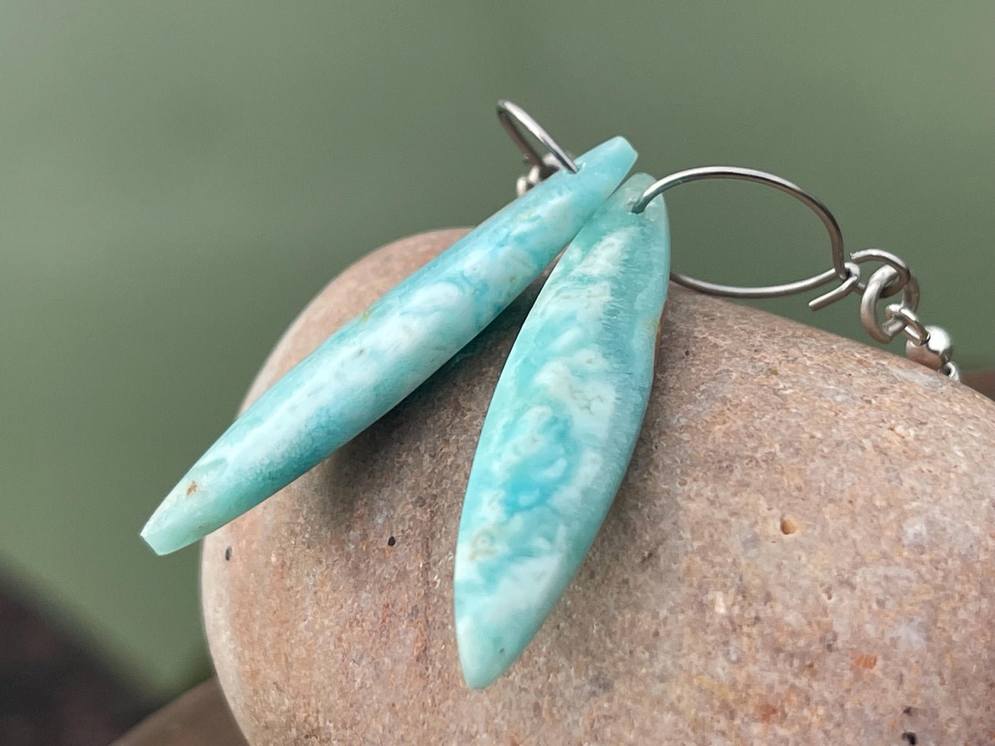 Hemimorphite Marquise gemstone earrings on sterling silver. Ethical jewellery, blue gemstone earrings. Stunning unique jewellery. Unique.