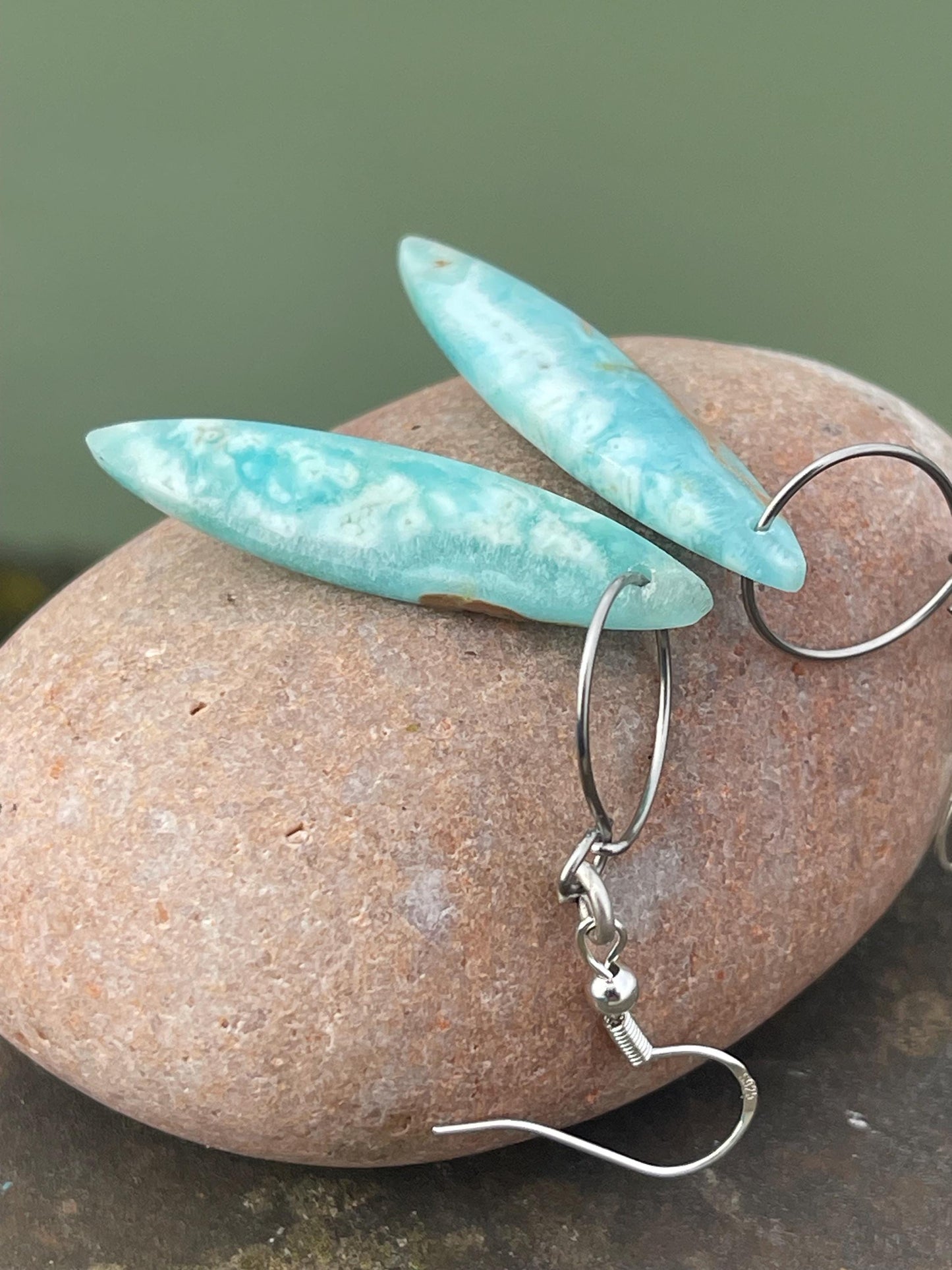 Hemimorphite Marquise gemstone earrings on sterling silver. Ethical jewellery, blue gemstone earrings. Stunning unique jewellery. Unique.